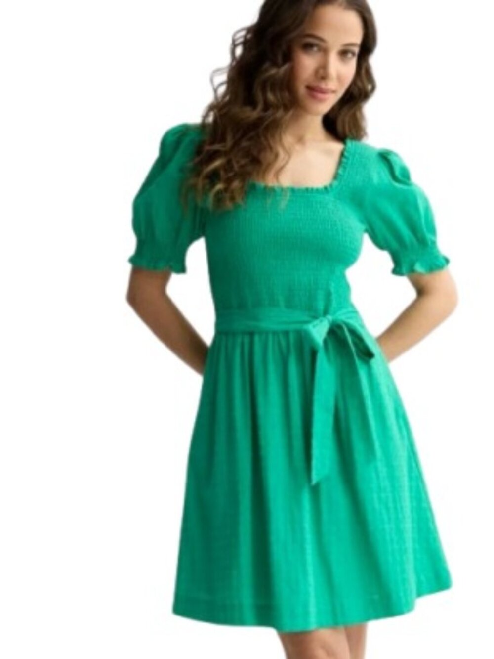 Draper James Womens Smocked Puff Sleeve Square Neck Dress Green Tie Waist XL New